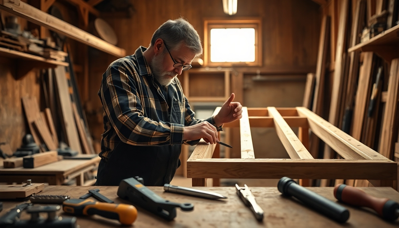 Carpenter measuring and assembling wood with precision tools in a bright workshop for quality craftsmanship.