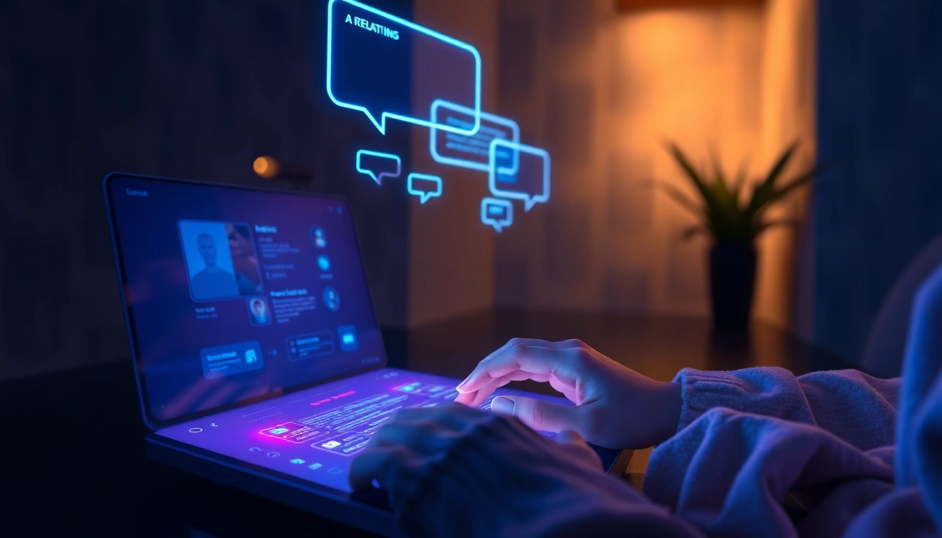 A futuristic user interacting with a neon-lit AI chat interface on a digital screen in a modern room.