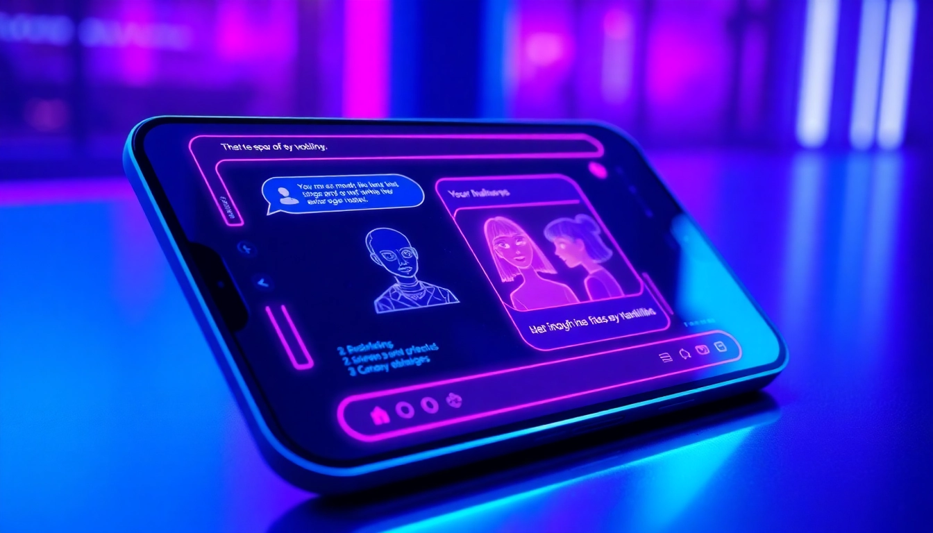 Futuristic AI chat interface with animated characters and neon lighting