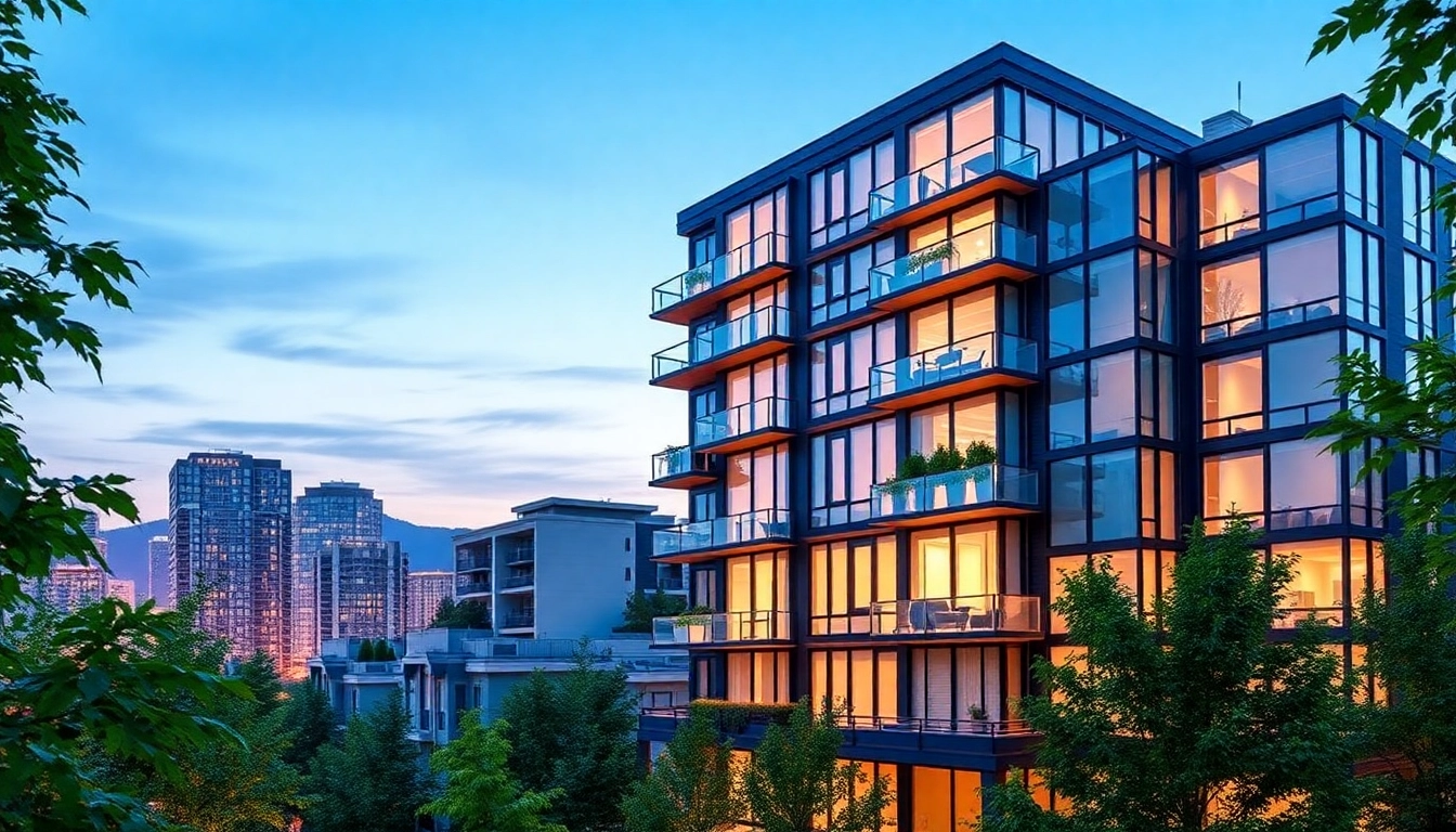 Professional rental property management team overseeing Vancouver high-rise with city view, ensuring quality service for tenants and owners.