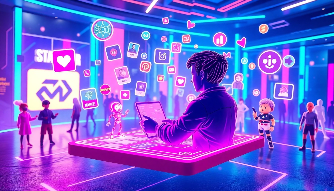 Futuristic virtual social media scene with avatars, neon colors, and AI characters in a lively digital environment.