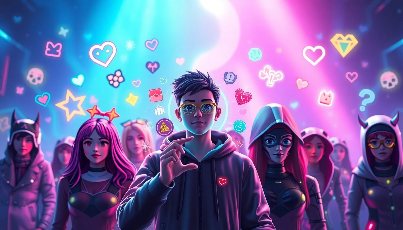 An animated futuristic social media scene with avatars and AI characters interacting in a vibrant digital environment.