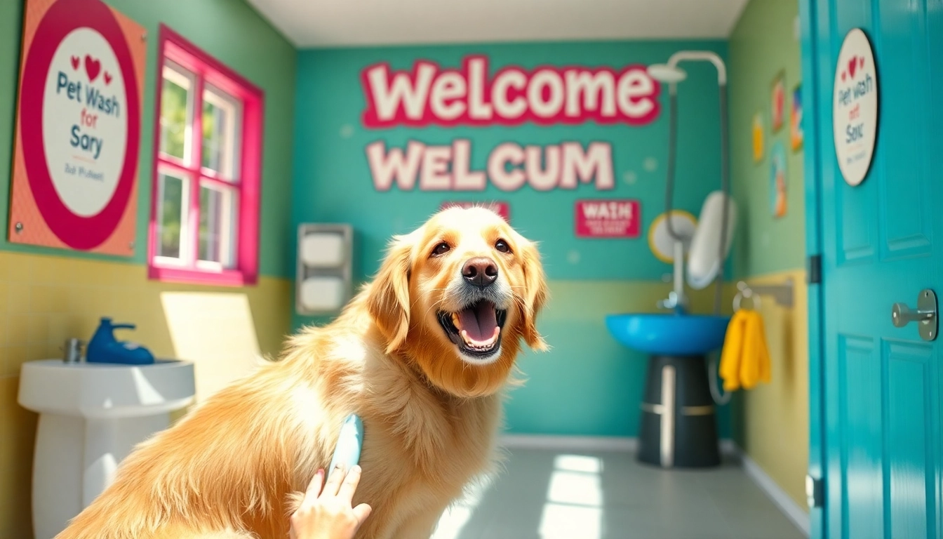 Dog wash near me featuring a happy golden retriever enjoying a bath at a self-serve dog wash.