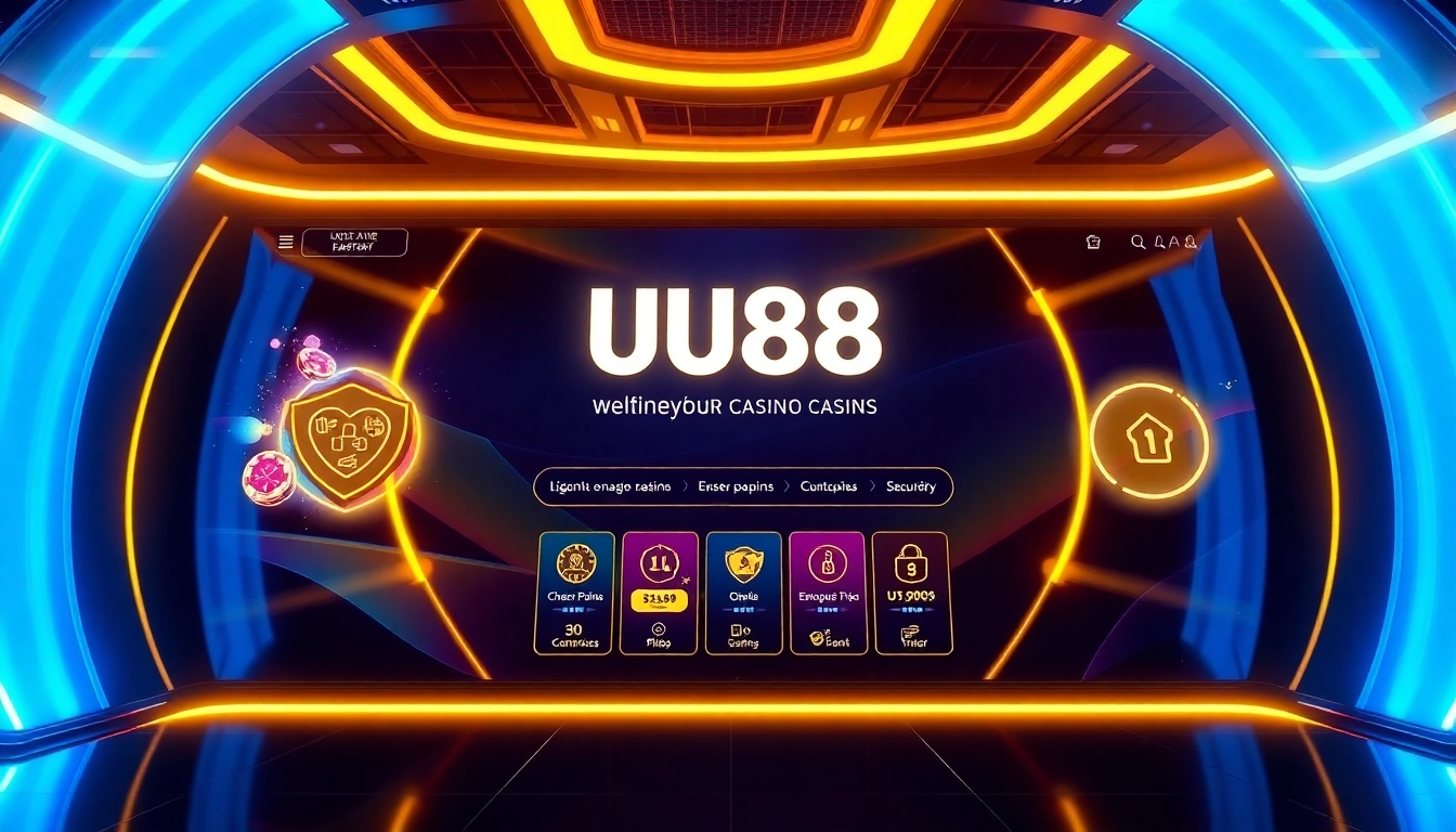 UU88 online casino platform with secure interface, vibrant neon design, and user-friendly features for seamless gaming experience.