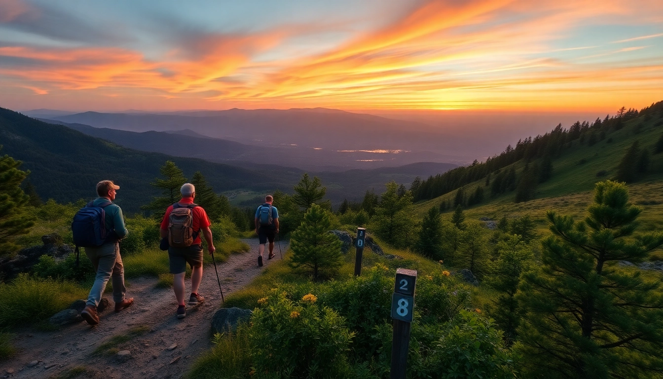 A guided hike with a professional guide leading a group on a scenic mountain trail, surrounded by lush landscape and vibrant sky.