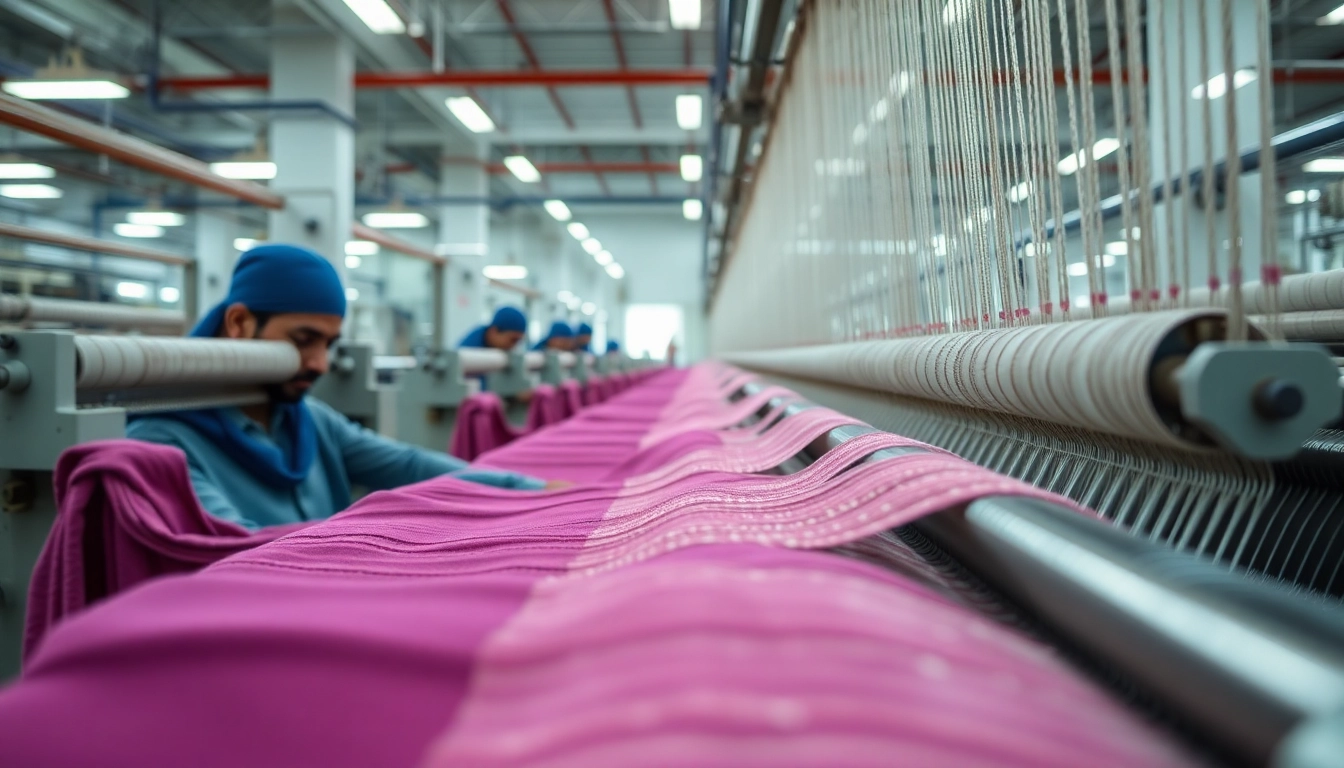 Detailed view of towel manufacturing process in Pakistan showcasing weaving and finishing stages with skilled workers and machinery, highlighting quality and industry standards.