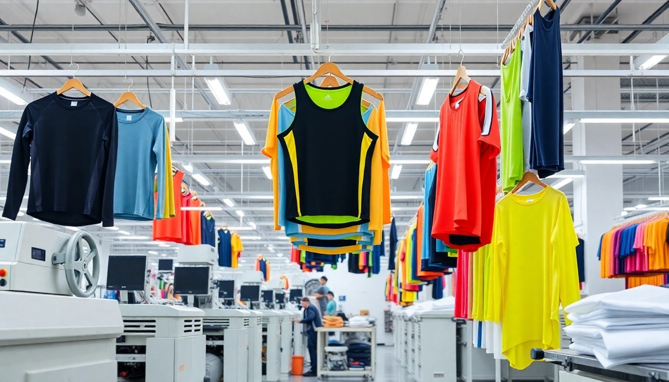 Sportswear factory creating custom athletic apparel with advanced technology and sustainable practices, emphasizing quality and efficiency.