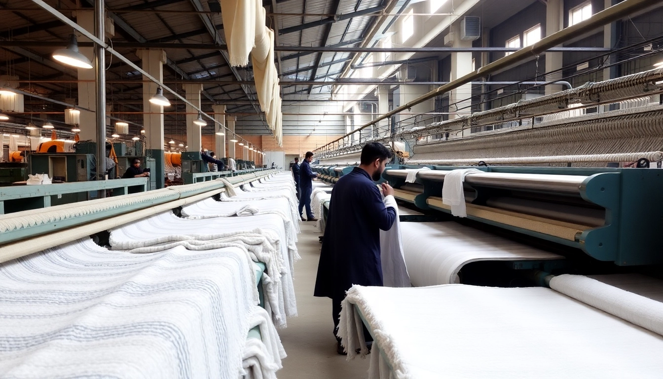 Detailed view of towel manufacturing process in Pakistan, showcasing weaving, dyeing, and finishing stages at a textile factory.