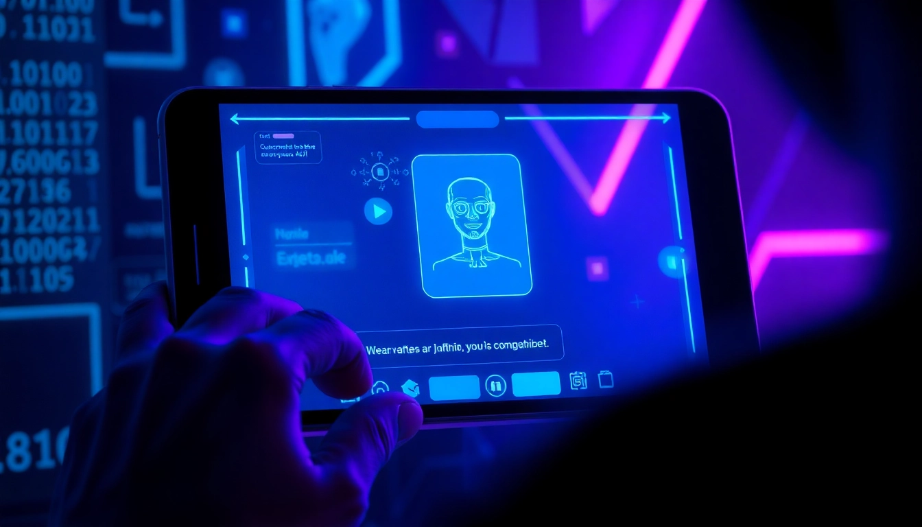 Futuristic AI chatbot interface with holographic avatar on a modern device, glowing neon accents, digital background