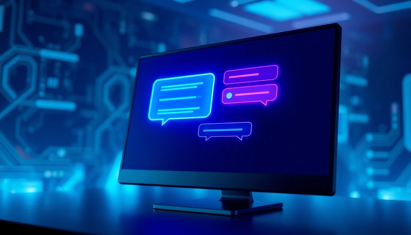Futuristic chatbot interface with glowing chat bubbles on a high-tech screen