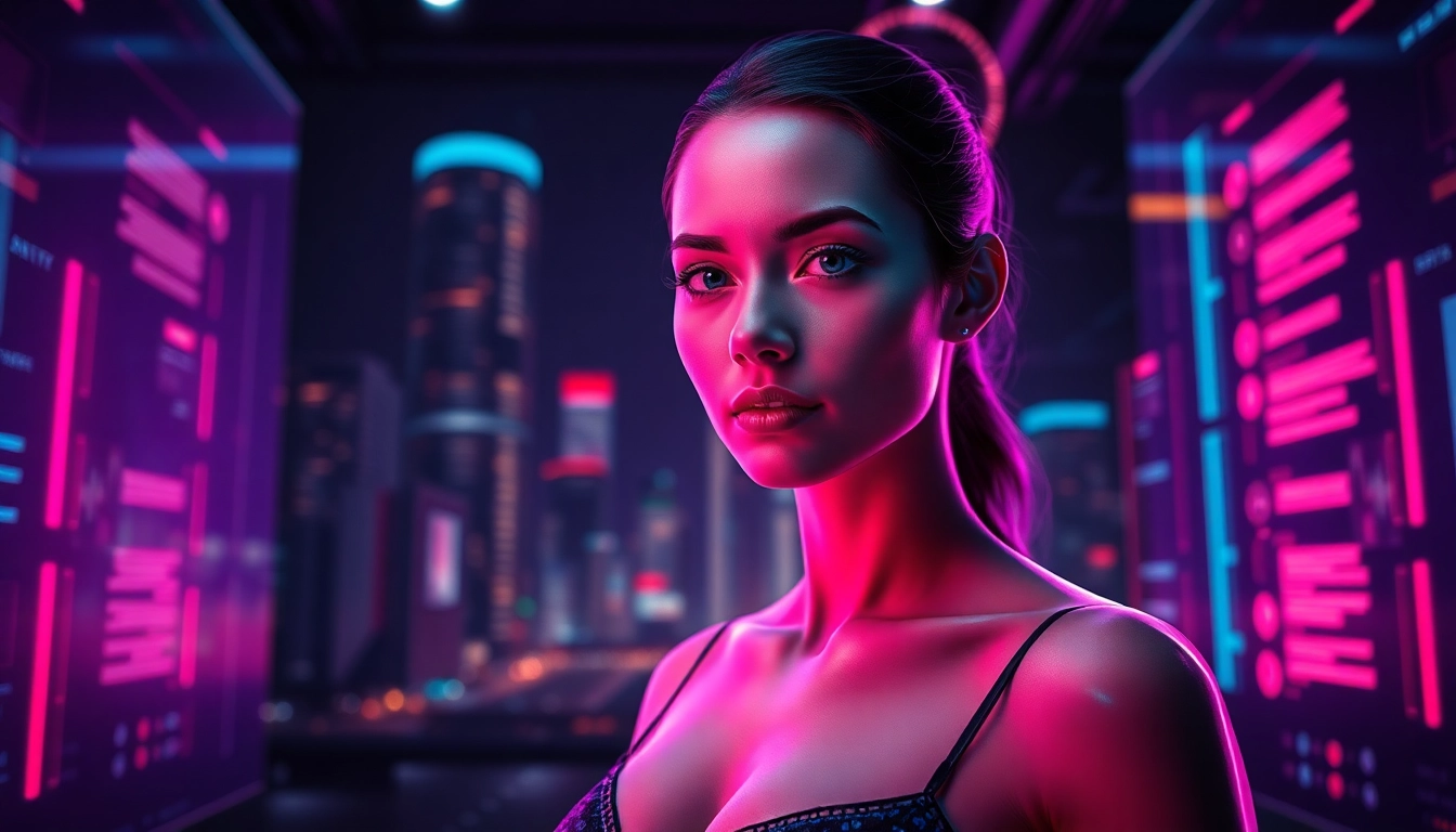 Futuristic digital interface with a holographic female figure in a neon-lit cityscape, representing an advanced AI chat platform for adult interactions.