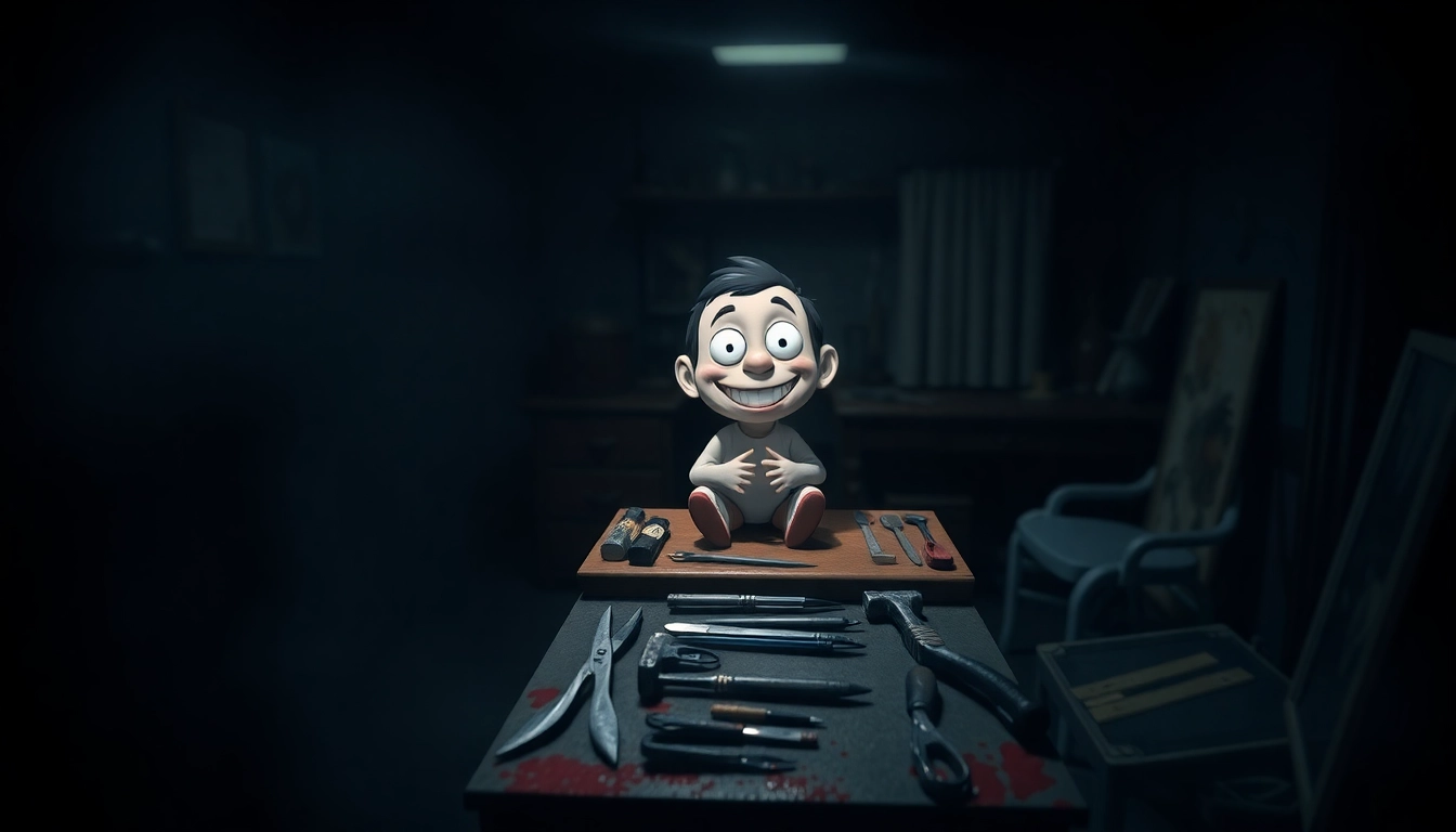 A disturbing scene of Harvey with tools on a dark table, highlighting the moral dilemma of the game.