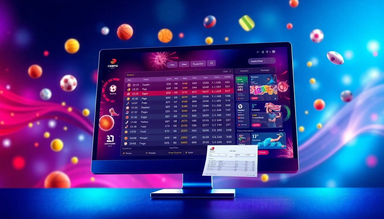 Illustration of an online sportsbook and casino platform with live sports betting and vibrant colors.