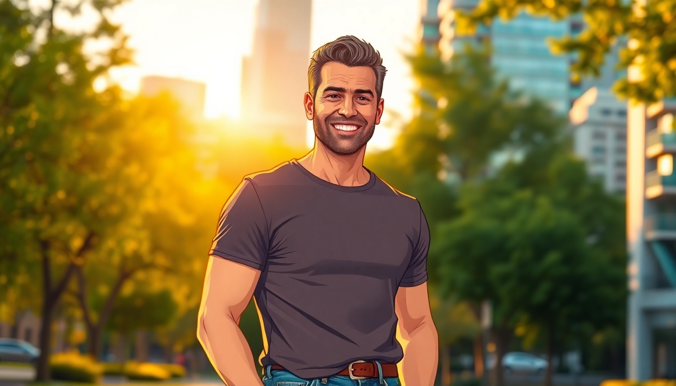 An attractive middle-aged man smiling confidently in an urban park during golden hour.