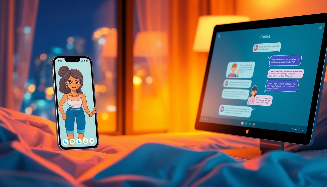 Digital illustration of chat screens with animated characters on devices in a cozy room.