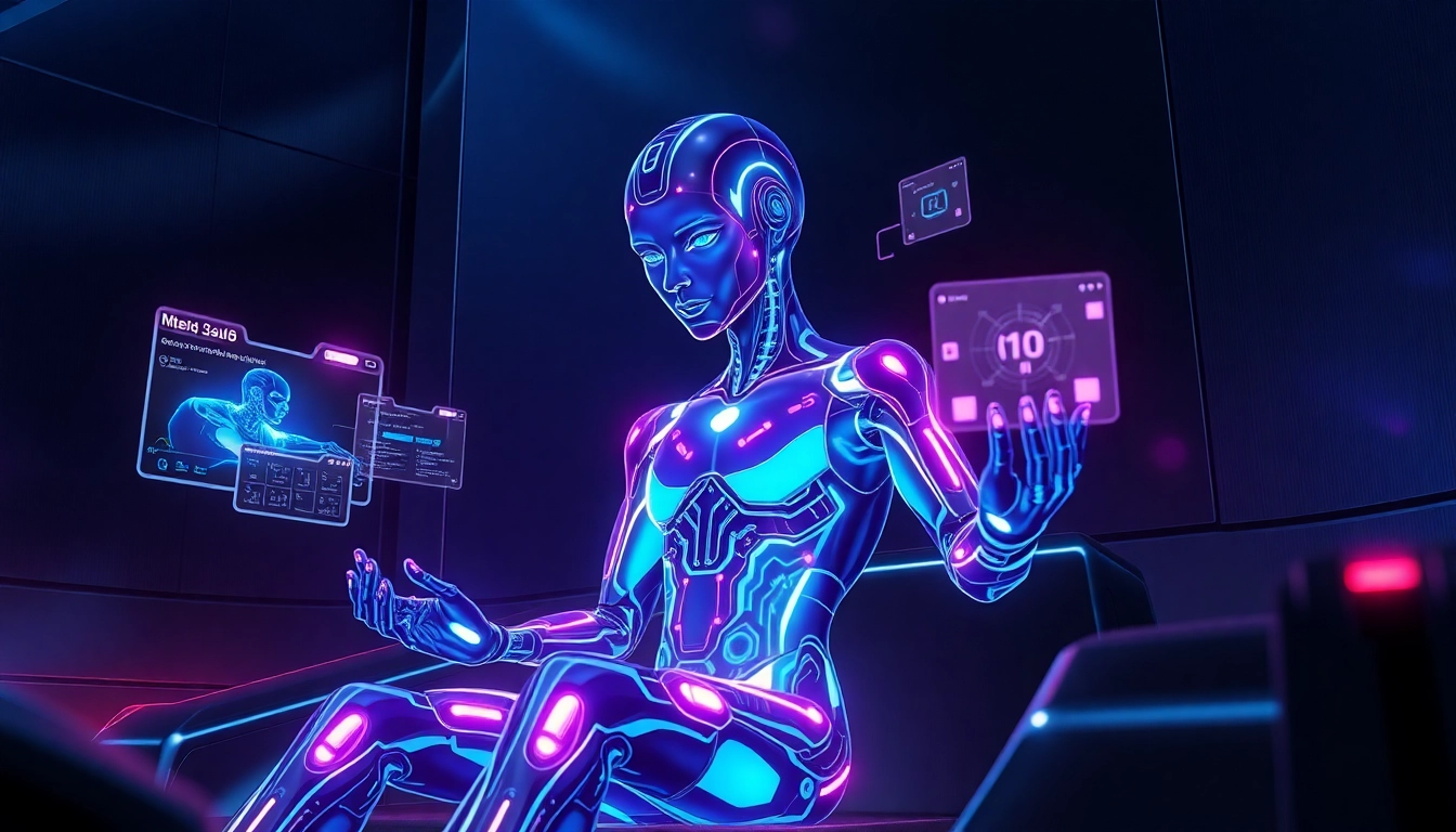 Futuristic AI character interacting with holographic interfaces in a high-tech environment