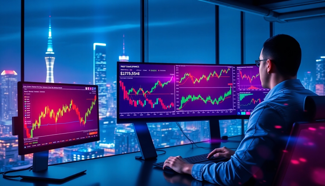 Crypto news updates featured on multiple screens within a modern trading environment for market