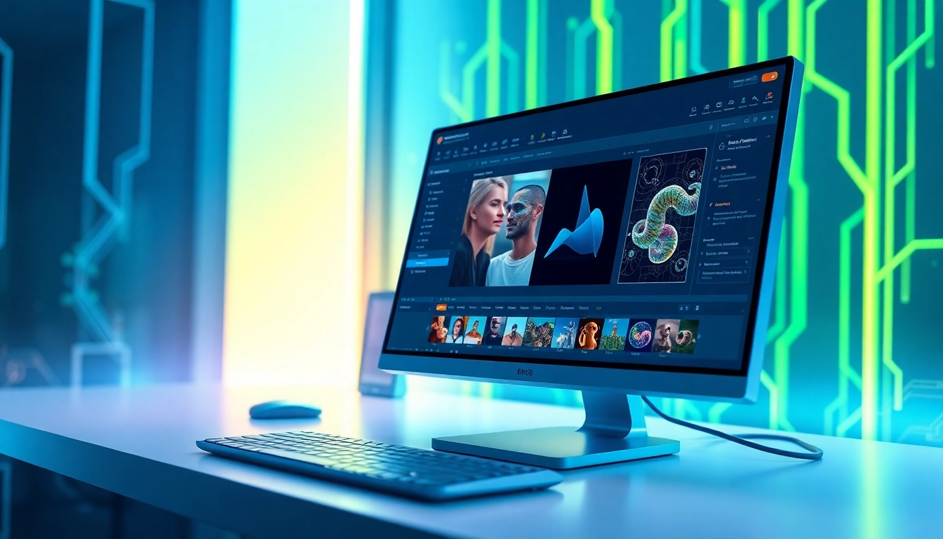 Futuristic workspace with a computer screen displaying Nano Banana AI's advanced image editing interface, glowing with neon accents.