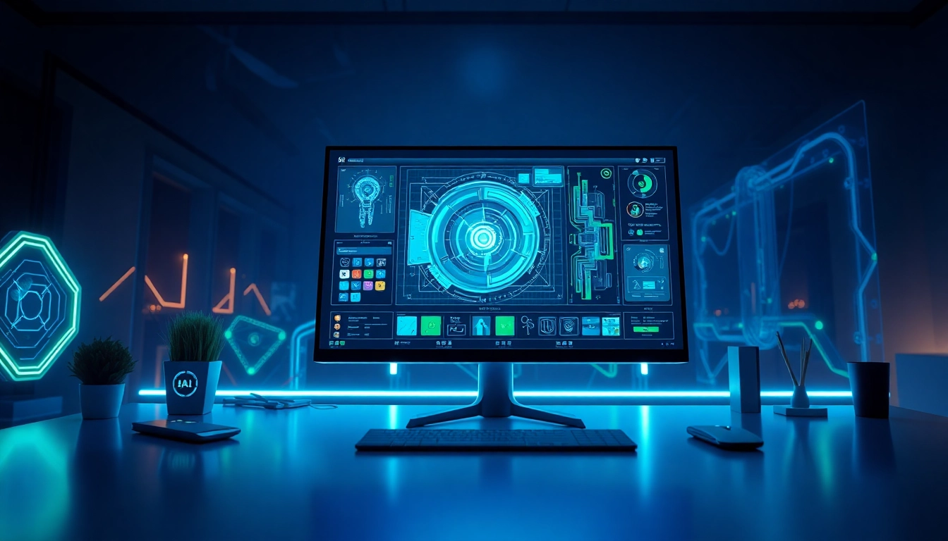 Futuristic workspace with AI-powered image editing interface showcasing advanced features and vibrant colors.