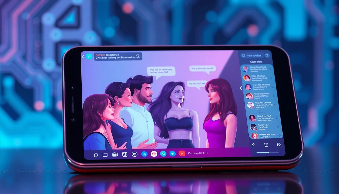 Smartphone and computer screens displaying customizable AI chat characters engaged in conversation with vibrant, futuristic design elements.
