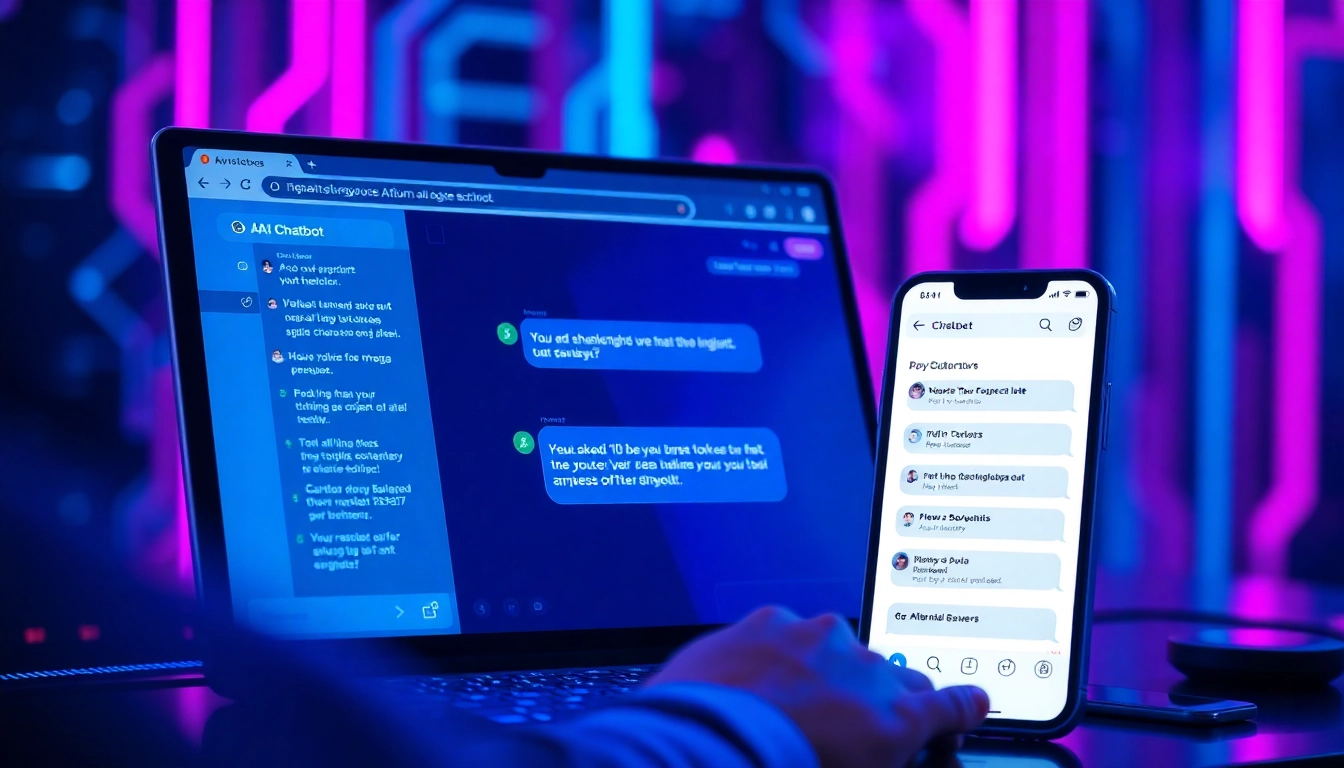 A futuristic digital interface showing AI chatbot customization on screens with neon accents.