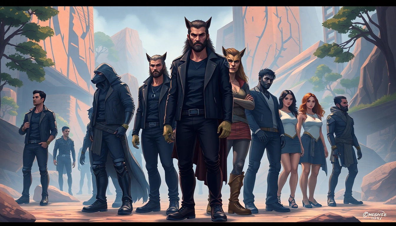 An illustration of a modern society inspired by the Omegaverse, showing alpha, beta, and omega characters in hierarchical arrangement within an urban-natural blend background.