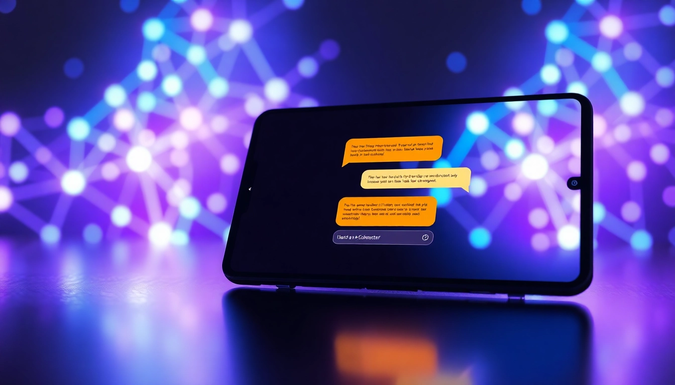 A futuristic digital illustration of a chat interface on a device screen with interconnected network graphics in the background.