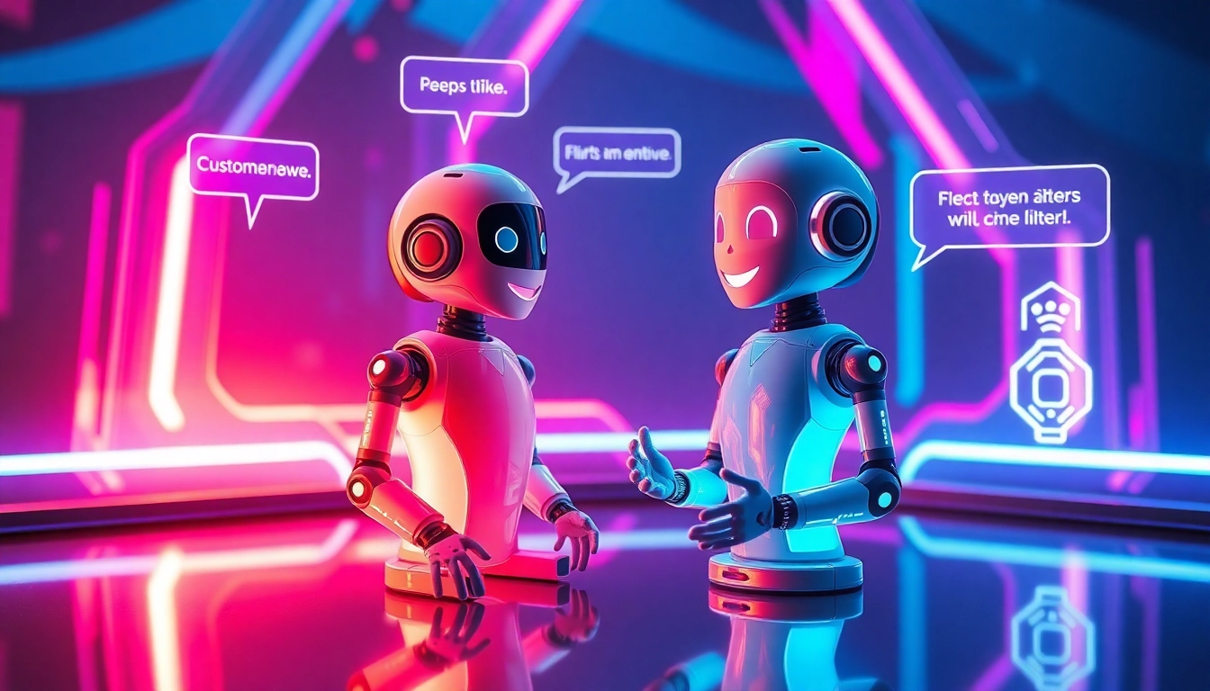 Futuristic digital scene with holographic AI characters in a neon-lit environment, emphasizing intimacy and advanced technology.