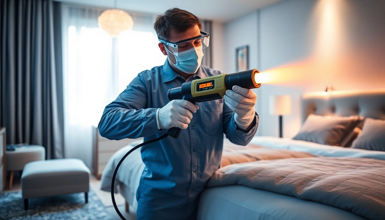 Technician executes a thermal bedwantsen bestrijden in bedroom using heat treatment, fast and reliable pest control.