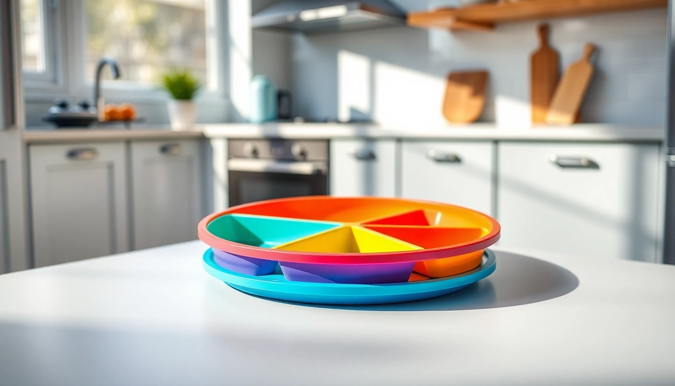 Piatto silicone divisorio 3 scomparti displayed in a bright, safe kitchen setting, highlighting