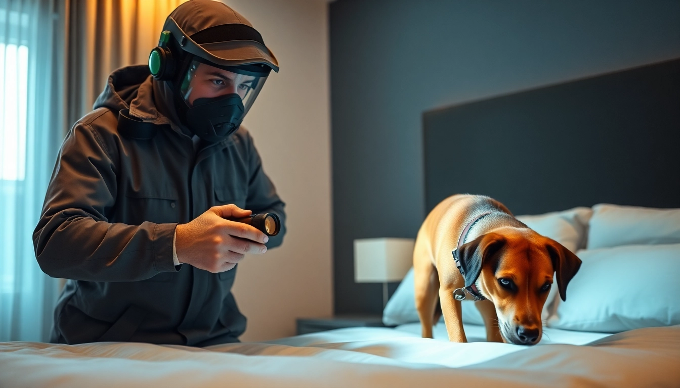 Professionele bedwantsenbestrijding in een slaapkamer met technicus en detectiehond