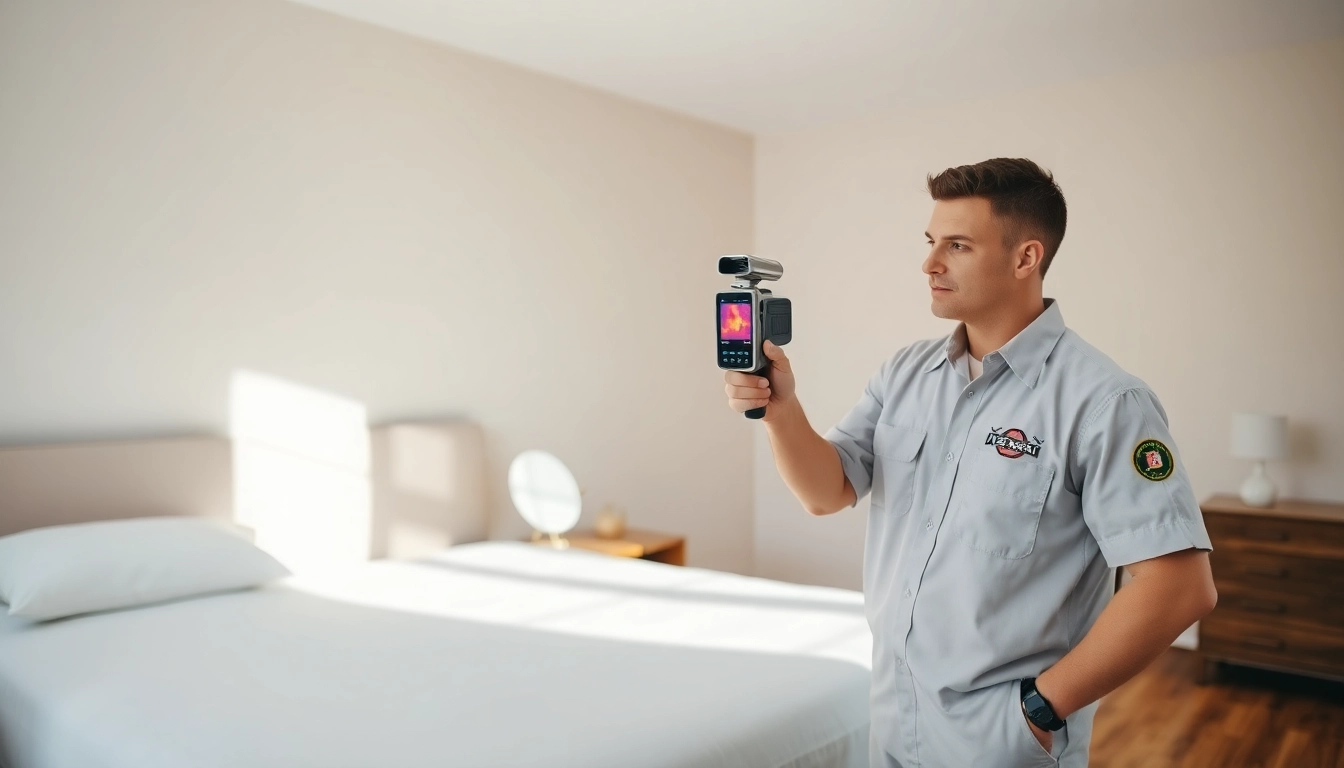Pest control technician inspecting a bed with thermal imaging in a bright, tidy bedroom.