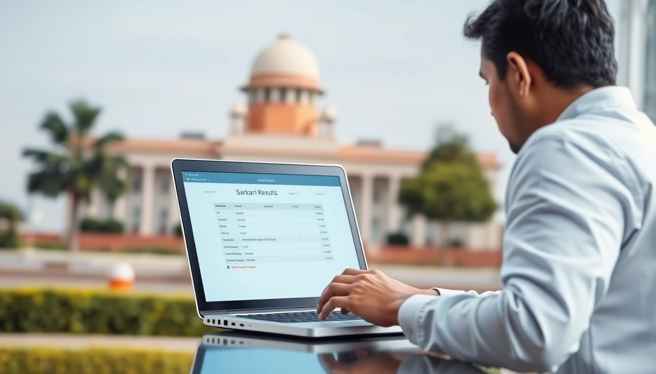 Sarkari Result update being accessed on a computer with government building background for