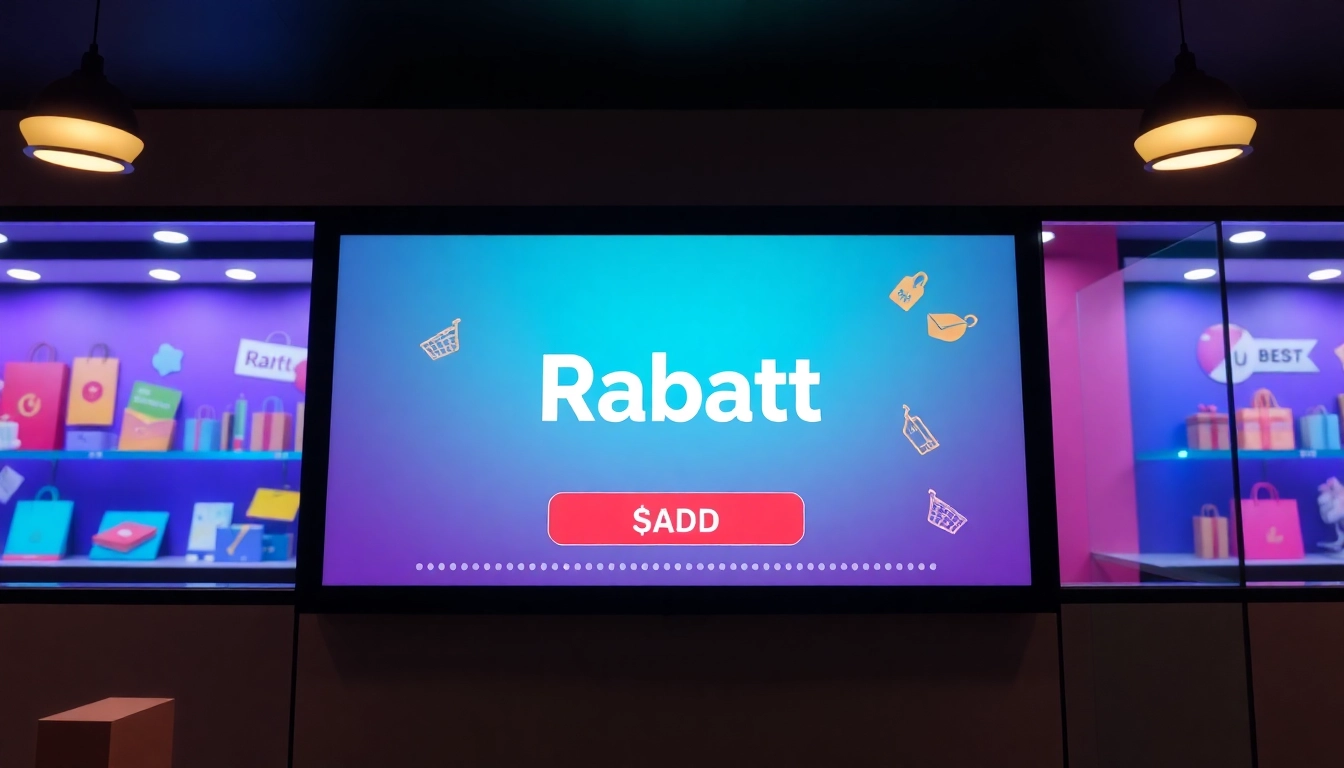 Rabatt promotion displayed on digital screen with shopping cart icon and discount tags,