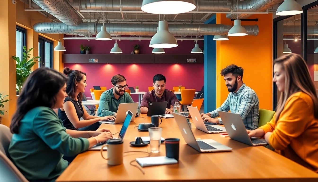 French freelance market professionals collaborating outdoors on laptops for remote work success